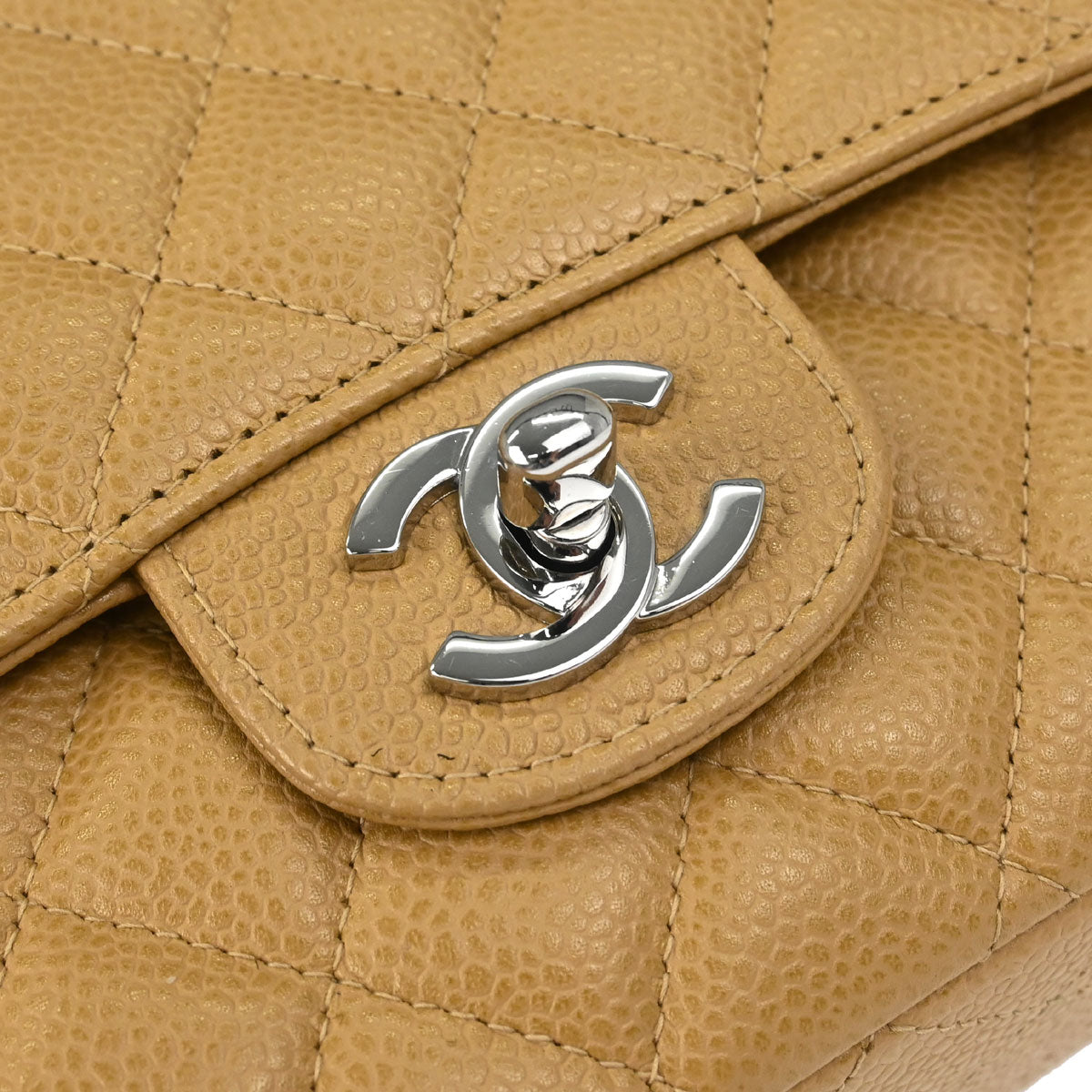 Chanel 2000-2002 Beige Caviar Skin Medium Classic Double Flap Shoulder Bag
