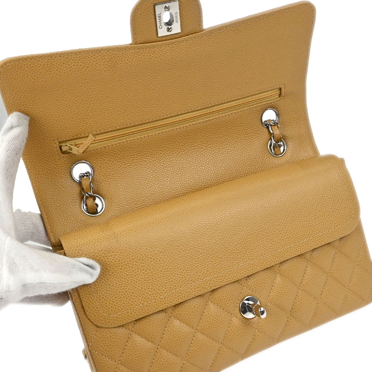 Chanel 2000-2002 Beige Caviar Skin Medium Classic Double Flap Shoulder Bag