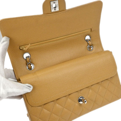 Chanel 2000-2002 Beige Caviar Skin Medium Classic Double Flap Shoulder Bag