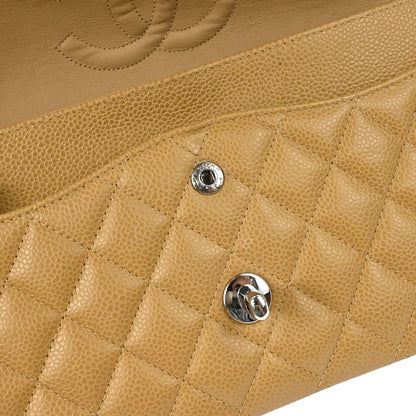 Chanel 2000-2002 Beige Caviar Skin Medium Classic Double Flap Shoulder Bag