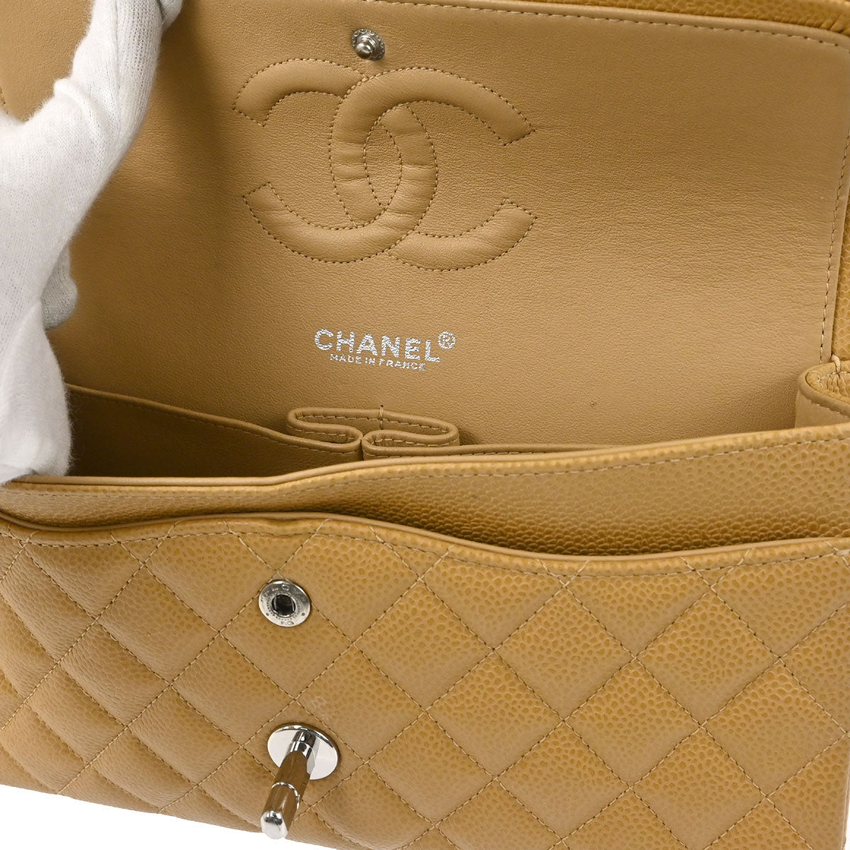 Chanel 2000-2002 Beige Caviar Skin Medium Classic Double Flap Shoulder Bag