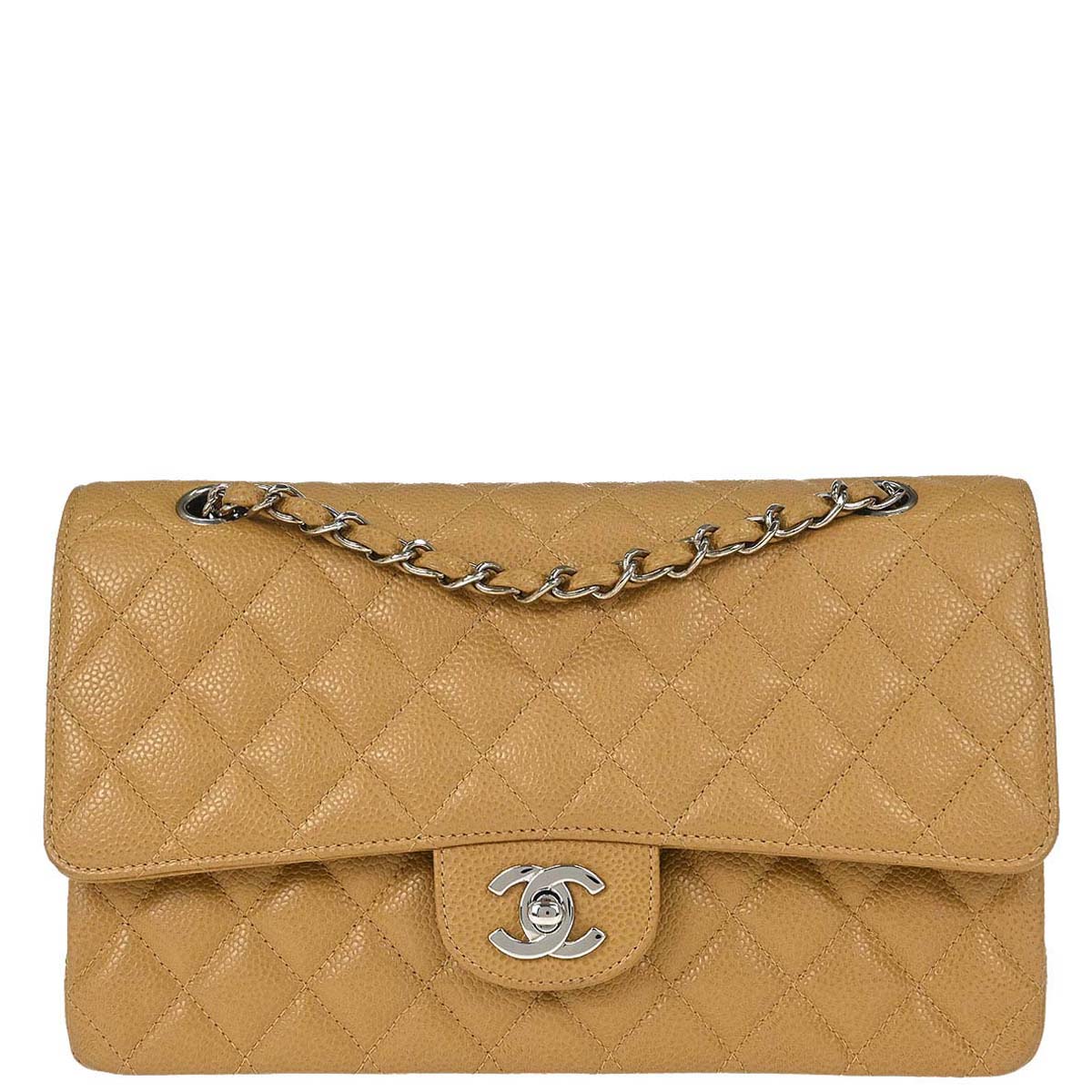 Chanel 2000-2002 Beige Caviar Skin Medium Classic Double Flap Shoulder Bag