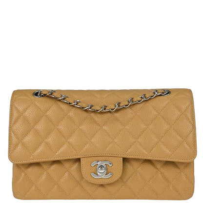 Chanel 2000-2002 Beige Caviar Skin Medium Classic Double Flap Shoulder Bag
