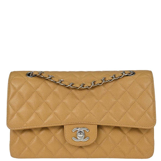 Chanel 2000-2002 Beige Caviar Skin Medium Classic Double Flap Shoulder Bag