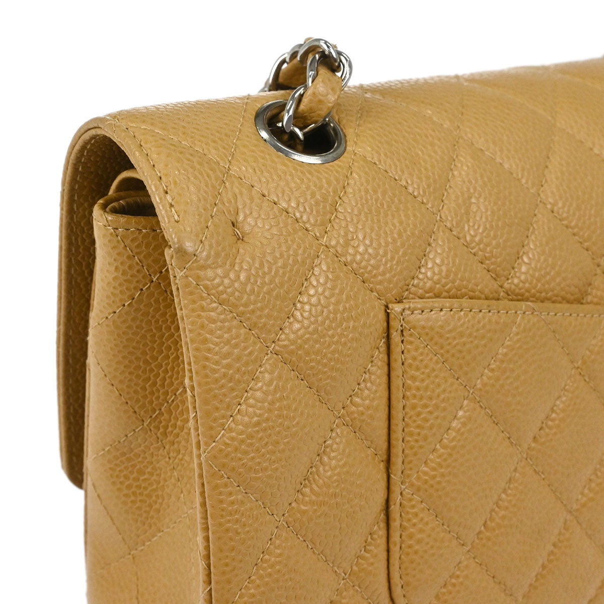 Chanel 2000-2002 Beige Caviar Skin Medium Classic Double Flap Shoulder Bag