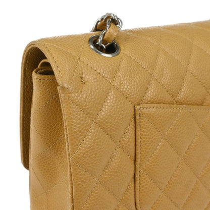 Chanel 2000-2002 Beige Caviar Skin Medium Classic Double Flap Shoulder Bag