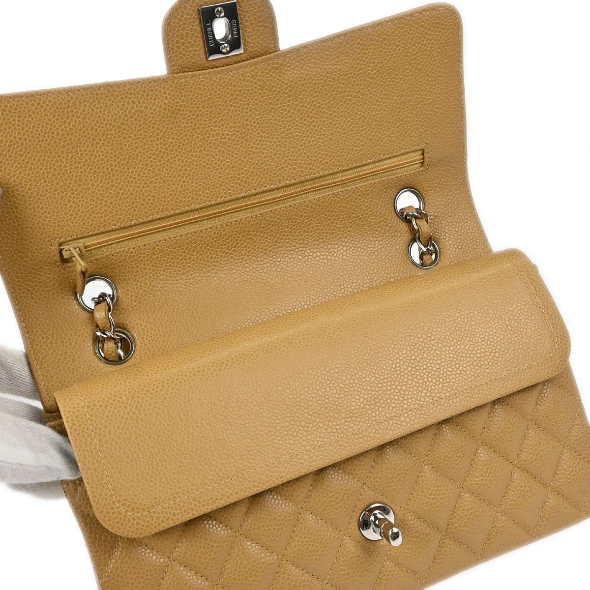 Chanel 2000-2002 Beige Caviar Skin Medium Classic Double Flap Shoulder Bag