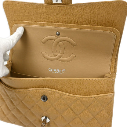 Chanel 2000-2002 Beige Caviar Skin Medium Classic Double Flap Shoulder Bag