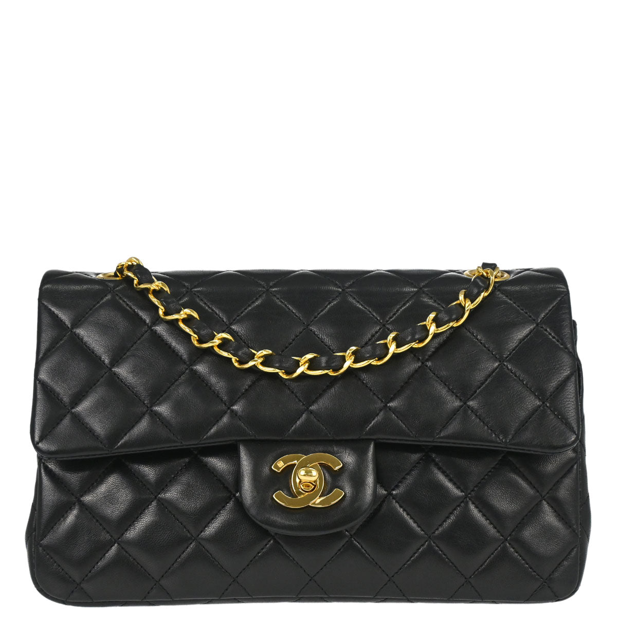 Chanel 1989-1991 Black Lambskin Small Classic Double Flap Shoulder Bag