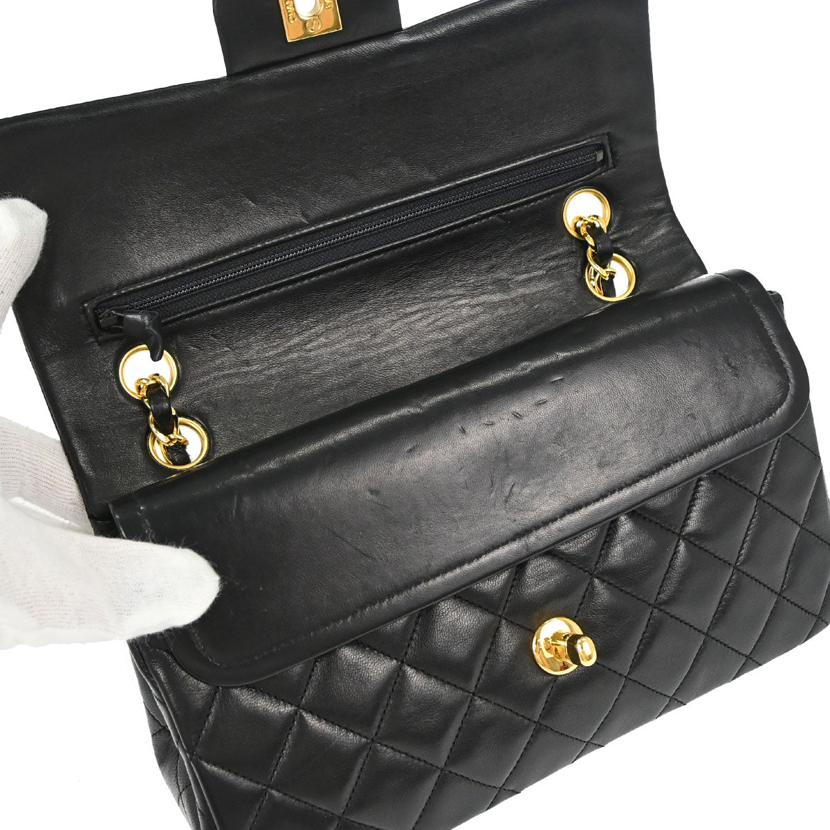 Chanel 1989-1991 Black Lambskin Small Classic Double Flap Shoulder Bag
