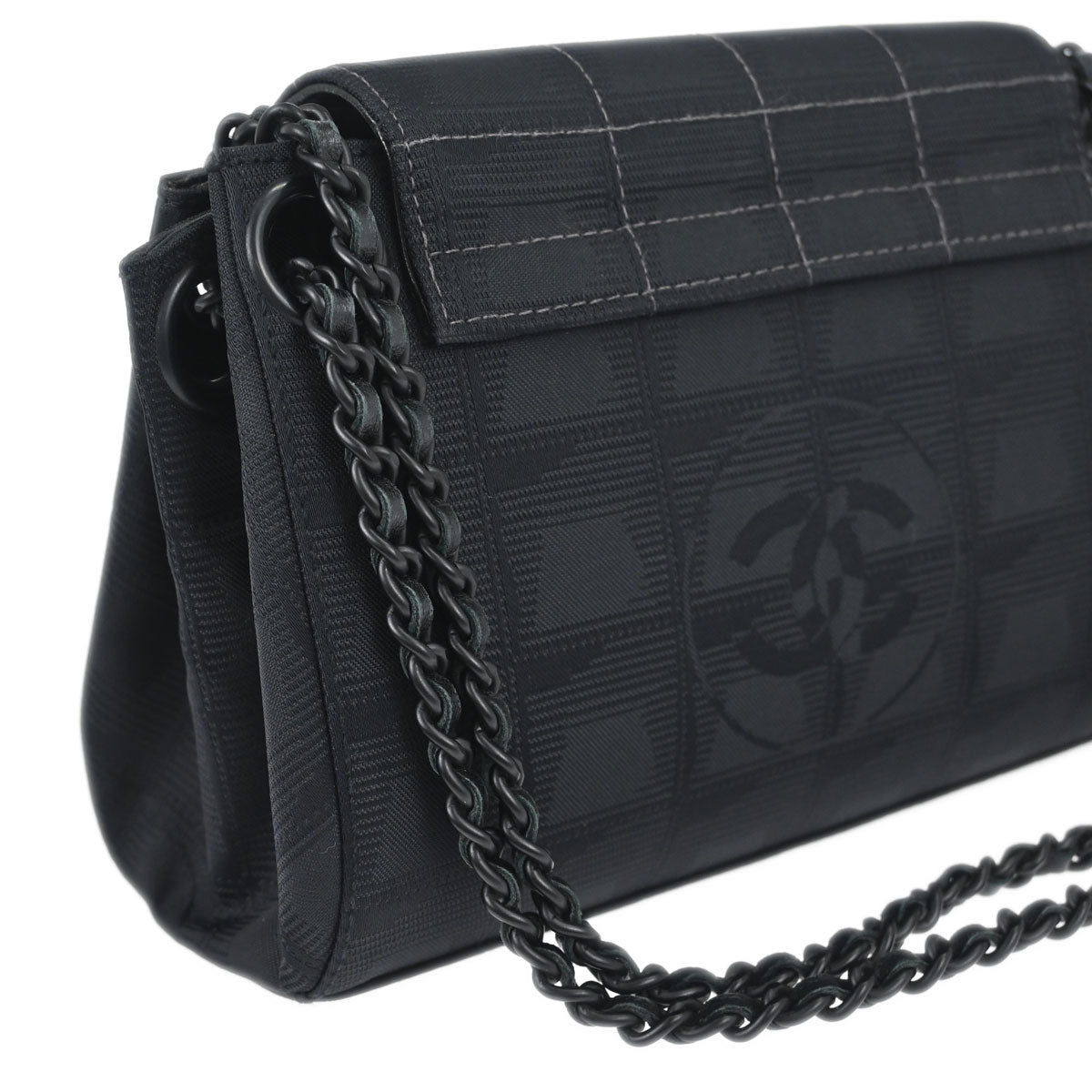 Chanel 2002-2003 Black Jacquard Nylon Travel Line Choco Bar Shoulder Bag