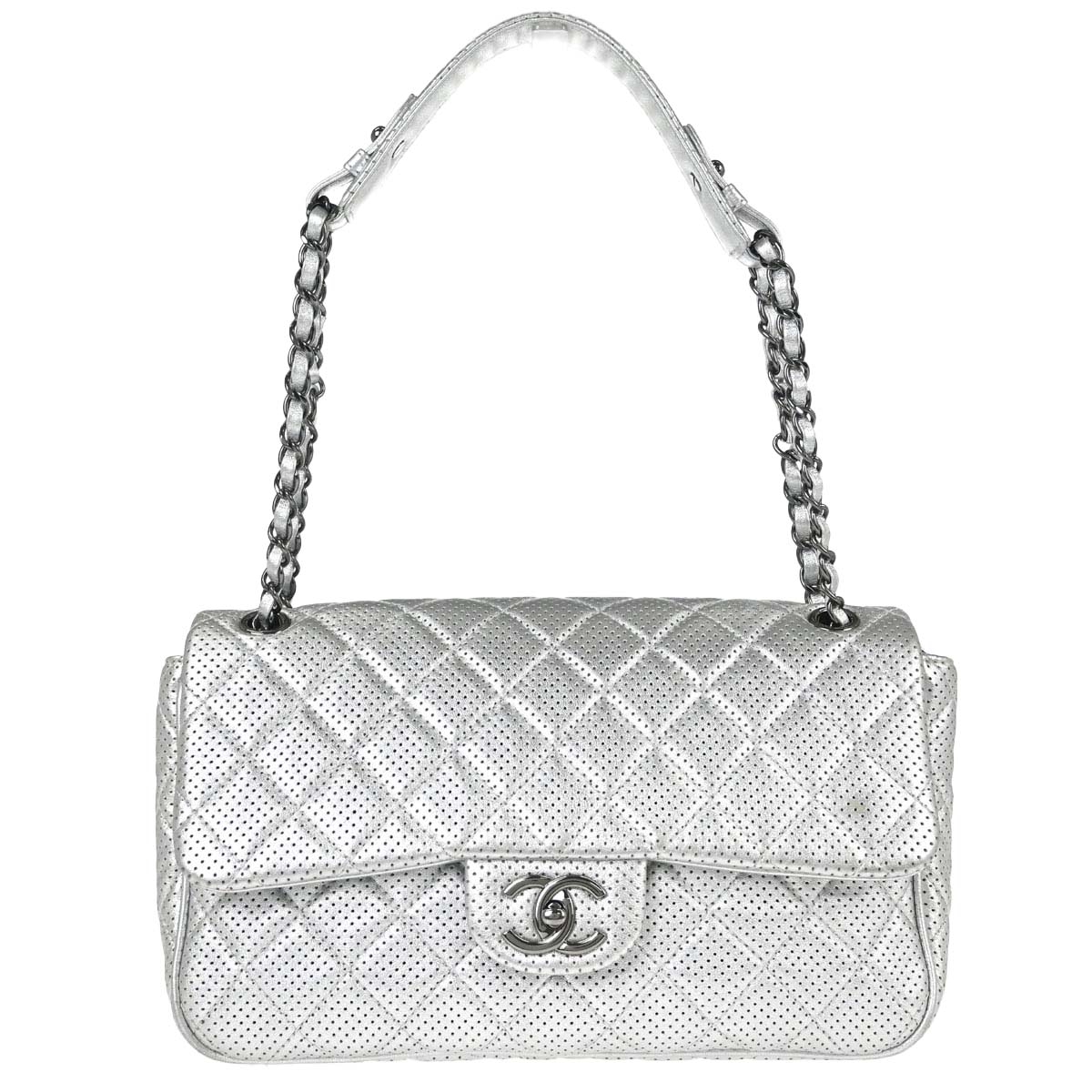 Chanel 2014 Silver Perforated Lambskin Handbag