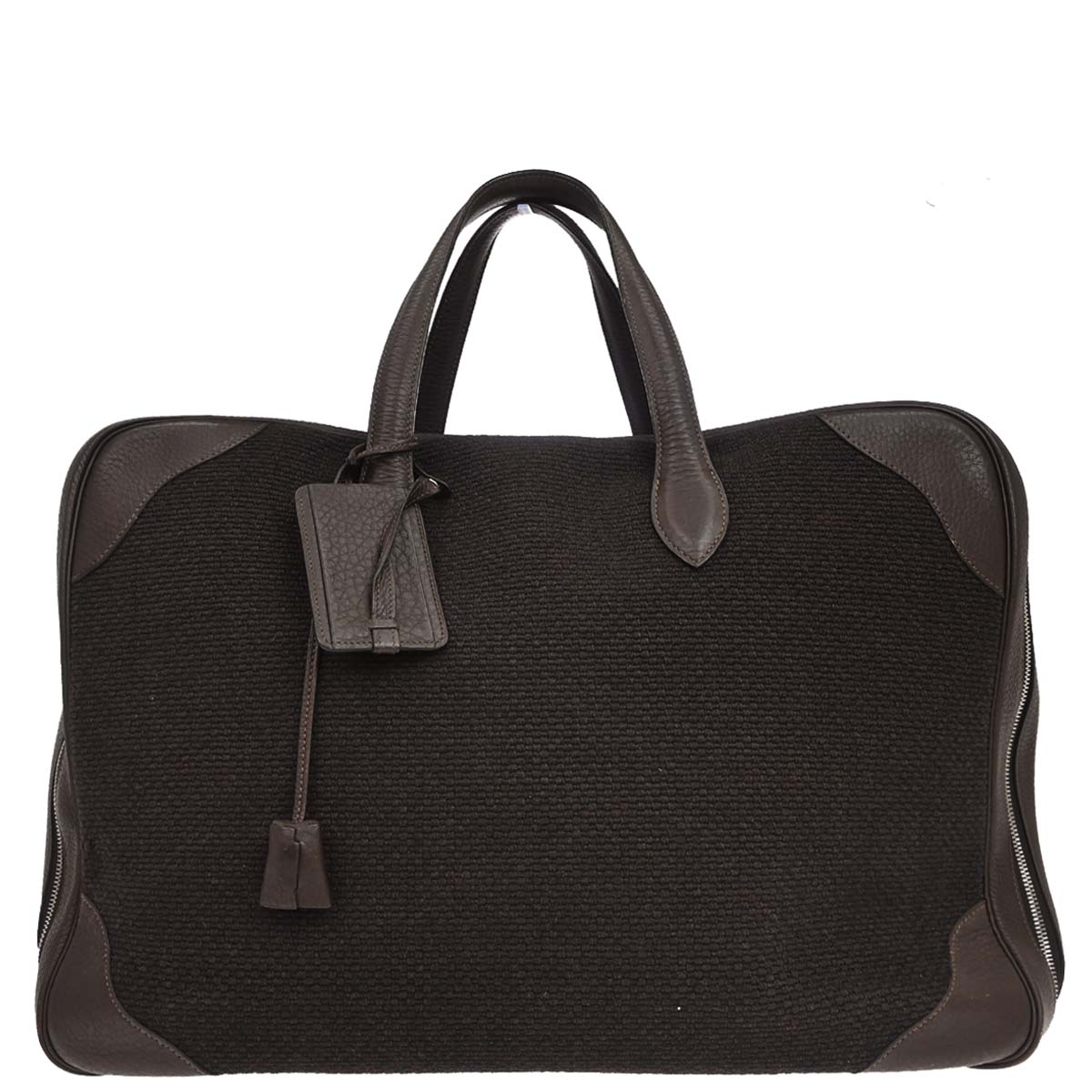 Hermes Chocolat Taurillon Clemence Wool Canvas Victoria 50 Handbag