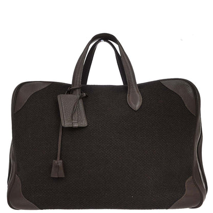 Hermes Chocolat Taurillon Clemence Wool Canvas Victoria 50 Handbag