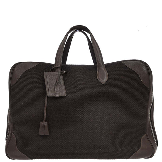 Hermes Chocolat Taurillon Clemence Wool Canvas Victoria 50 Handbag
