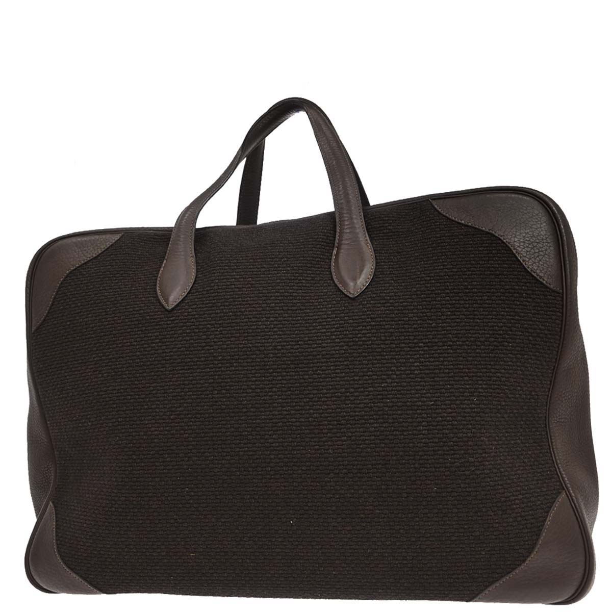 Hermes Chocolat Taurillon Clemence Wool Canvas Victoria 50 Handbag