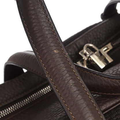 Hermes Chocolat Taurillon Clemence Wool Canvas Victoria 50 Handbag