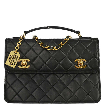 Chanel 1989-1991 Black Lambskin Double Turnlock 2way Shoulder Handbag