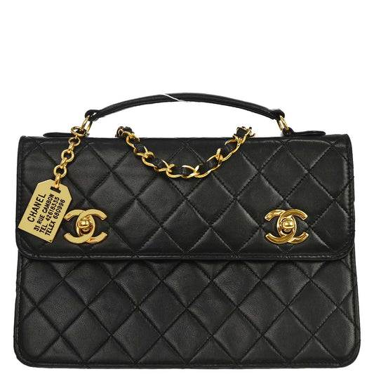 Chanel 1989-1991 Black Lambskin Double Turnlock 2way Shoulder Handbag