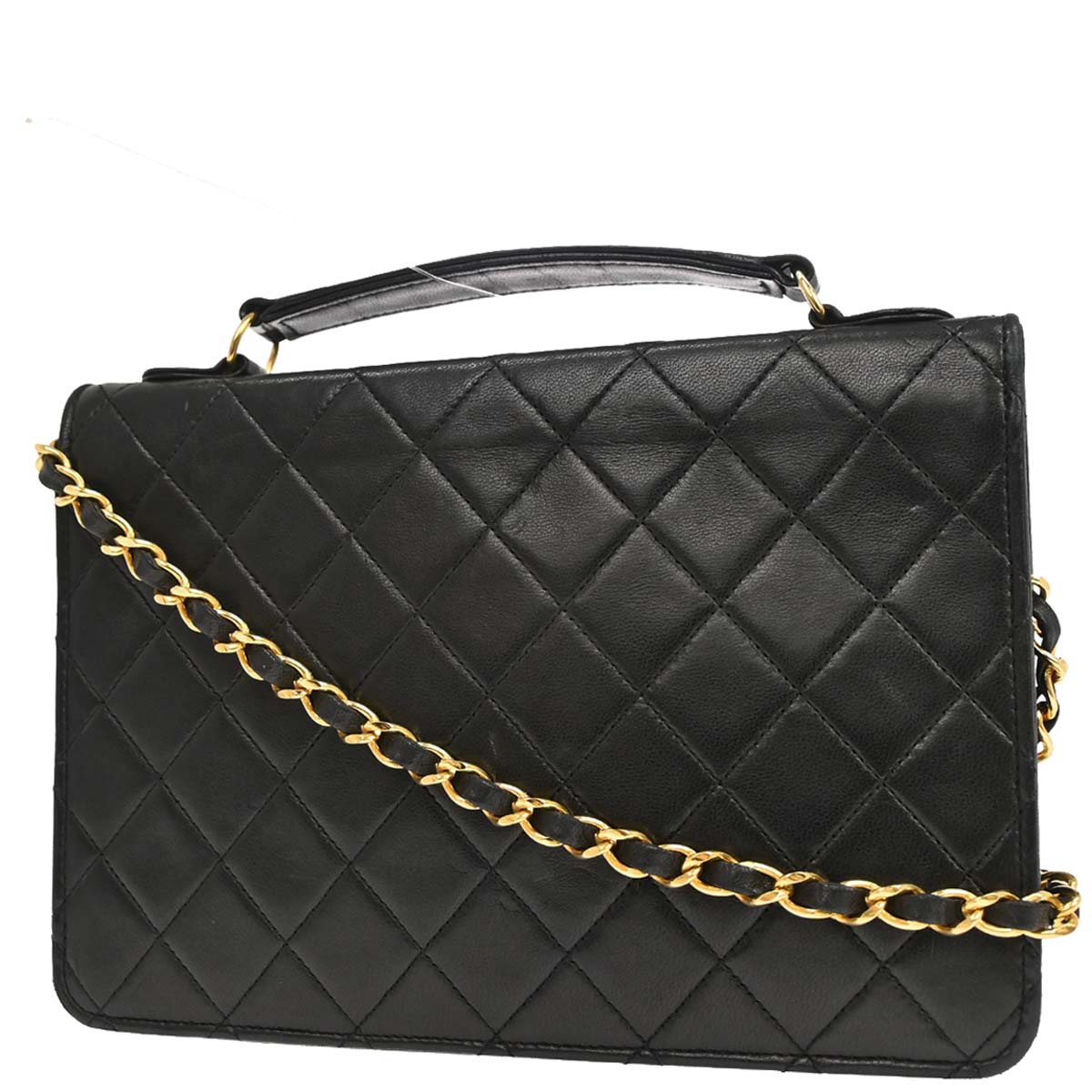 Chanel 1989-1991 Black Lambskin Double Turnlock 2way Shoulder Handbag