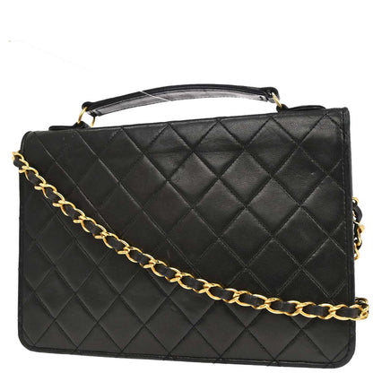 Chanel 1989-1991 Black Lambskin Double Turnlock 2way Shoulder Handbag