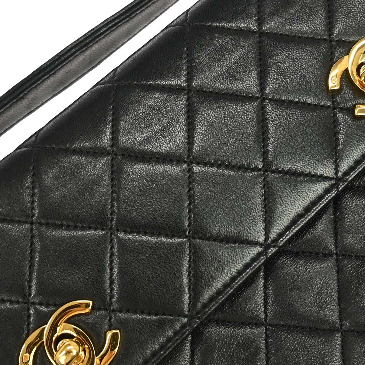 Chanel 1989-1991 Black Lambskin Double Turnlock 2way Shoulder Handbag