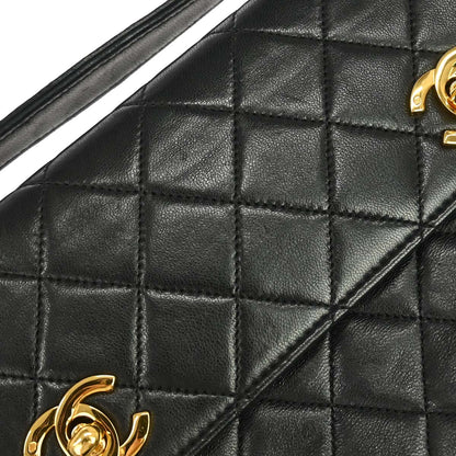 Chanel 1989-1991 Black Lambskin Double Turnlock 2way Shoulder Handbag