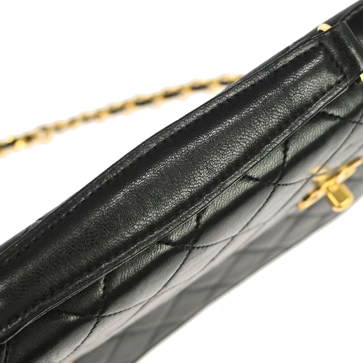 Chanel 1989-1991 Black Lambskin Double Turnlock 2way Shoulder Handbag