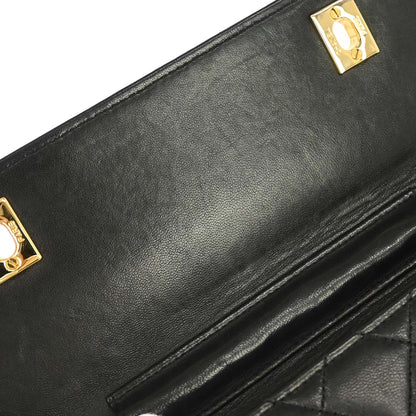 Chanel 1989-1991 Black Lambskin Double Turnlock 2way Shoulder Handbag