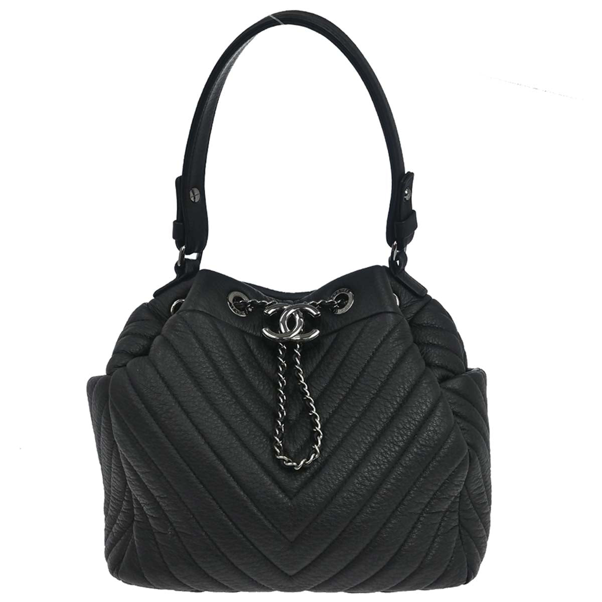 Chanel 2017 Black Deerskin Urban Spirit Chevron Drawstring Bucket Tote Handbag