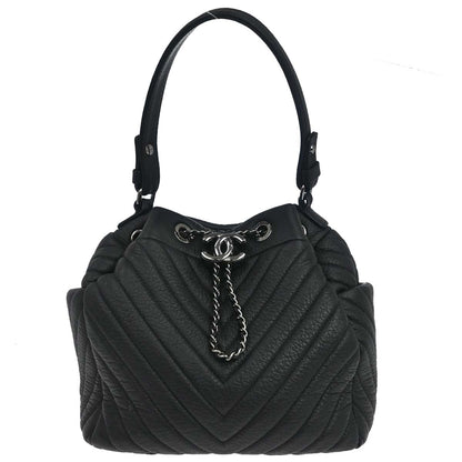 Chanel 2017 Black Deerskin Urban Spirit Chevron Drawstring Bucket Tote Handbag