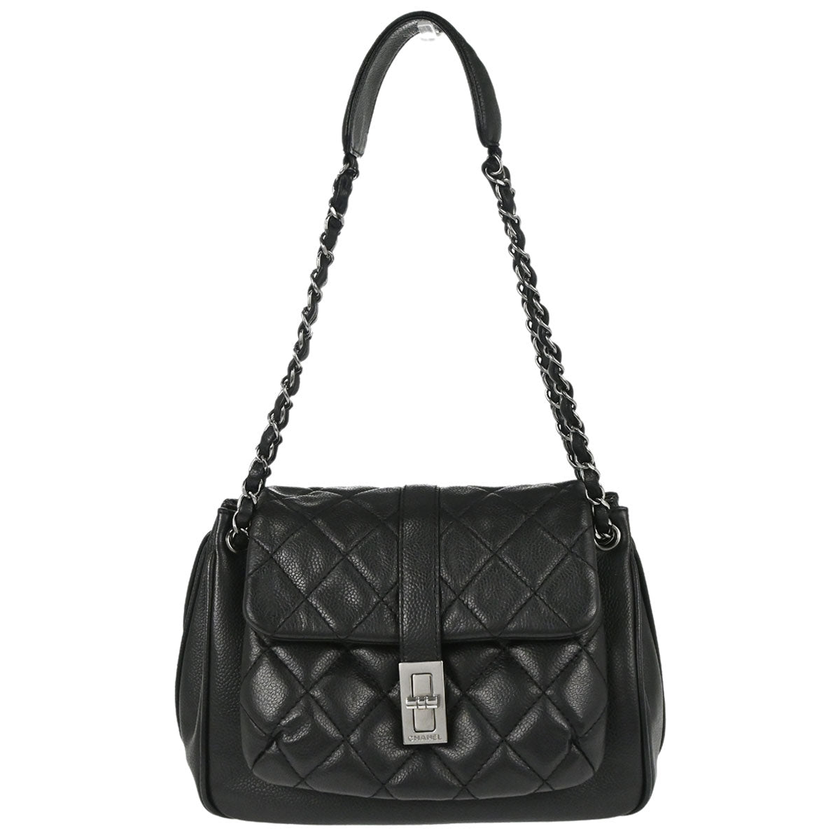 Chanel 2005-2006 Black Caviar Skin Mademoiselle Lock Accordion Flap Bag