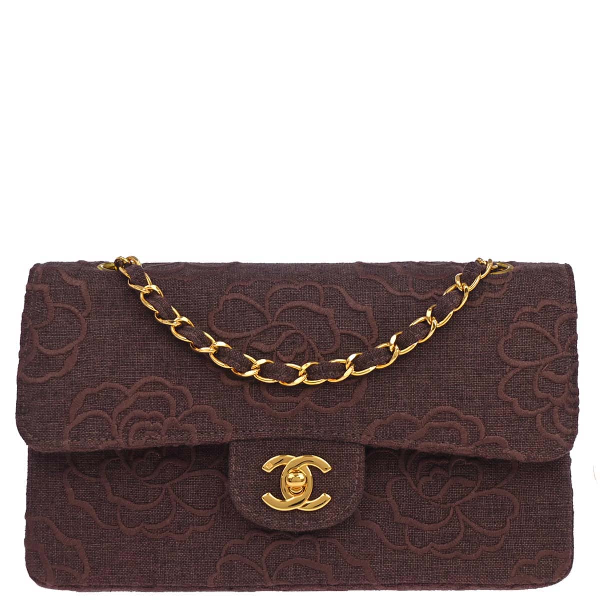 Chanel 1997-1999 Brown Canvas Camellia Small Classic Double Flap Shoulder Bag