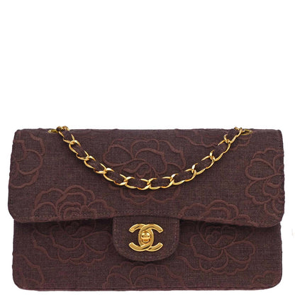 Chanel 1997-1999 Brown Canvas Camellia Small Classic Double Flap Shoulder Bag