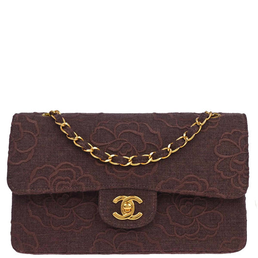 Chanel 1997-1999 Brown Canvas Camellia Small Classic Double Flap Shoulder Bag