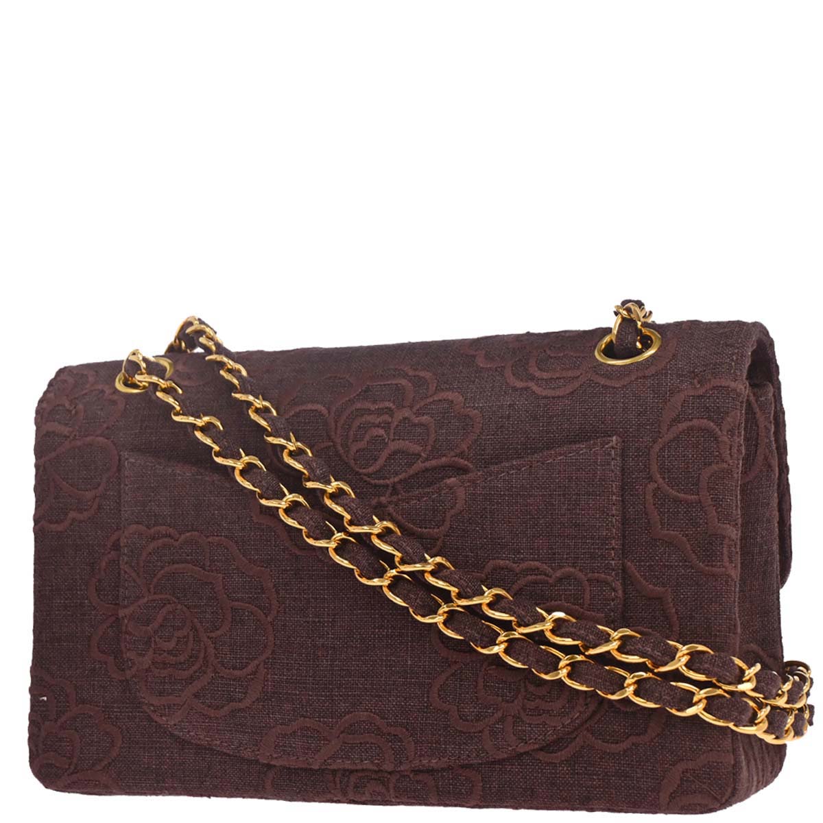 Chanel 1997-1999 Brown Canvas Camellia Small Classic Double Flap Shoulder Bag