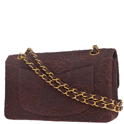 Chanel 1997-1999 Brown Canvas Camellia Small Classic Double Flap Shoulder Bag