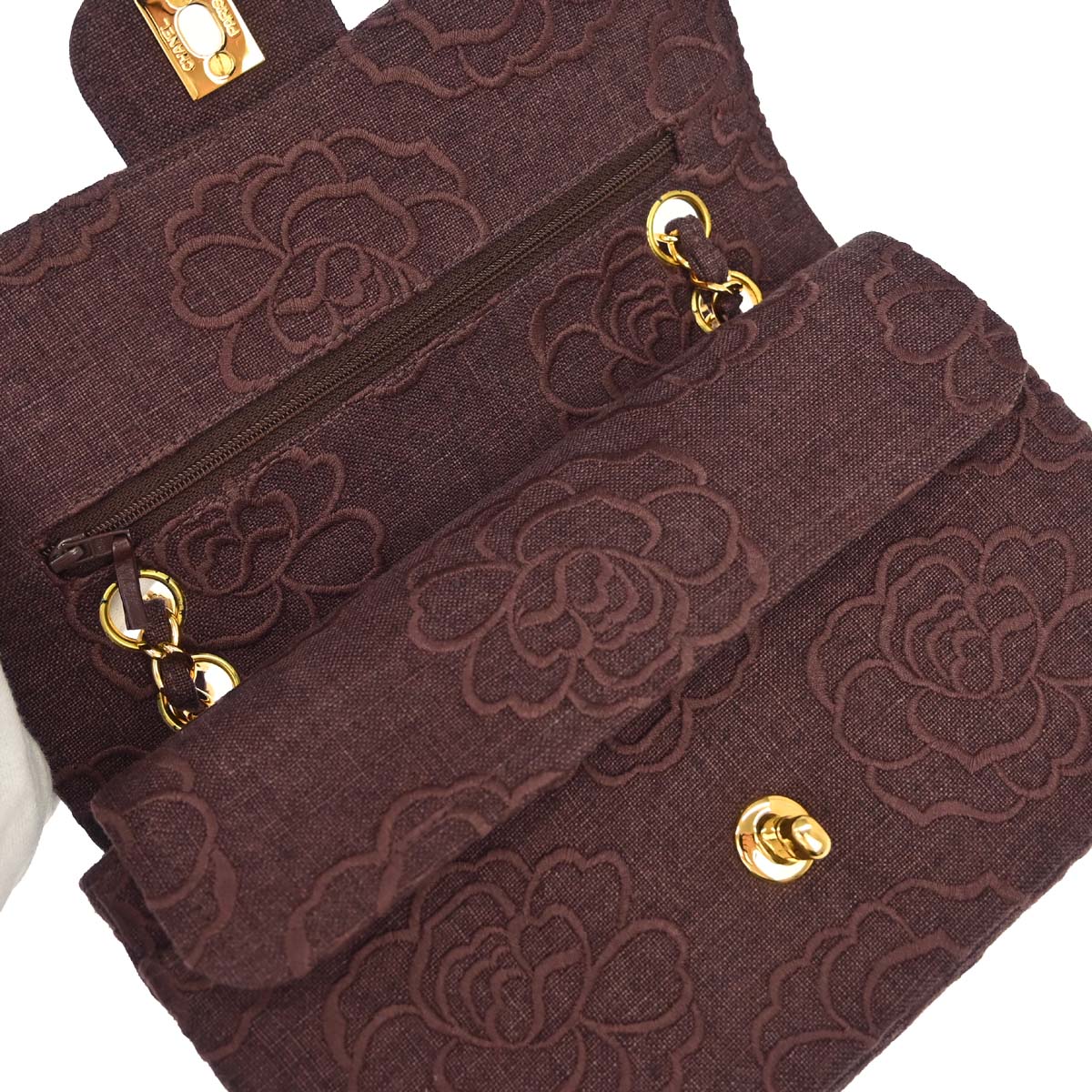 Chanel 1997-1999 Brown Canvas Camellia Small Classic Double Flap Shoulder Bag