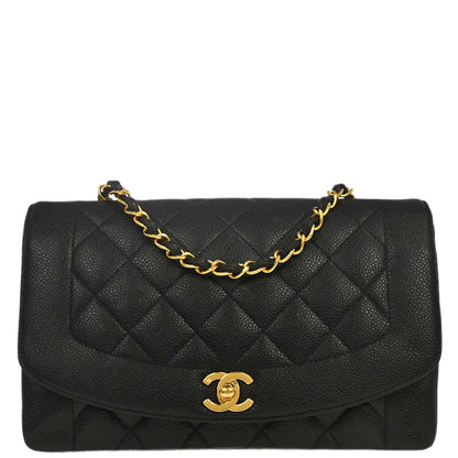 Chanel 1991-1994 Black Caviar Skin Medium Diana Shoulder Bag