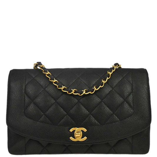 Chanel 1991-1994 Black Caviar Skin Medium Diana Shoulder Bag
