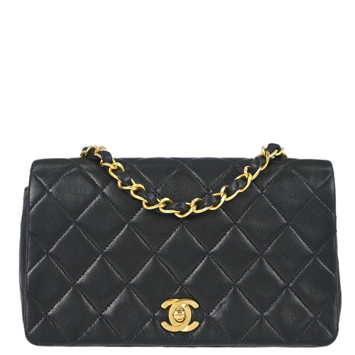 Chanel 1989-1991 Black Lambskin Turnlock Mini Full Flap Shoulder Bag