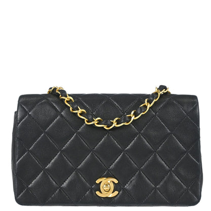 Chanel 1989-1991 Black Lambskin Turnlock Mini Full Flap Shoulder Bag