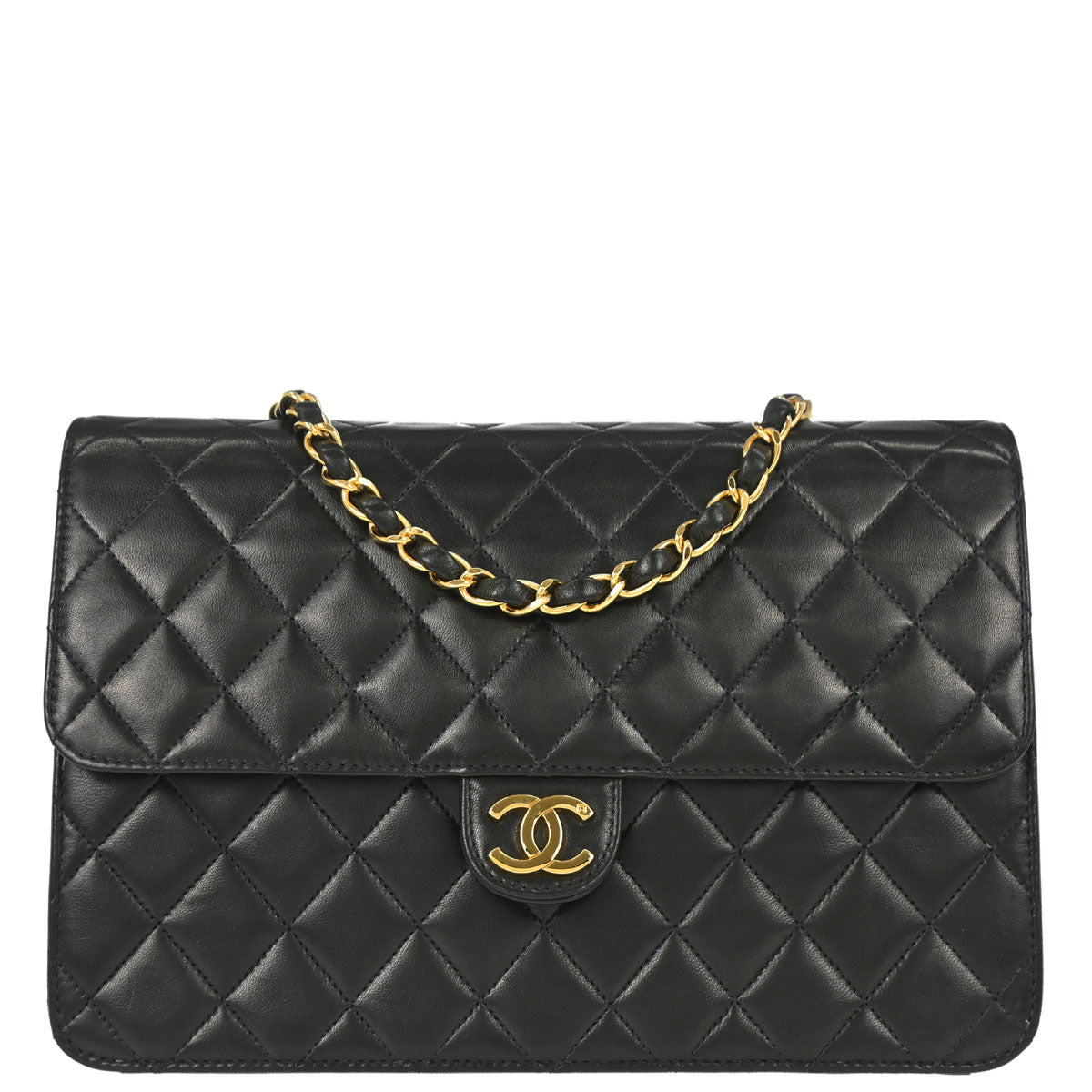 Chanel 1997-1999 Black Lambskin Pushlock Medium Half Flap Shoulder Bag