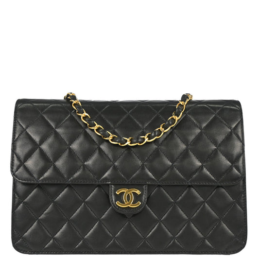 Chanel 1997-1999 Black Lambskin Pushlock Medium Half Flap Shoulder Bag