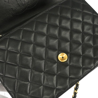 Chanel 1997-1999 Black Lambskin Pushlock Medium Half Flap Shoulder Bag