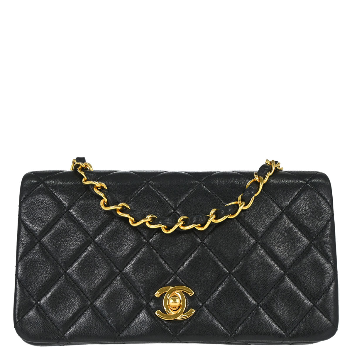 Chanel 1989-1991 Black Lambskin Turnlock Mini Full Flap Shoulder Bag