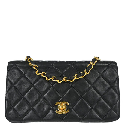 Chanel 1989-1991 Black Lambskin Turnlock Mini Full Flap Shoulder Bag