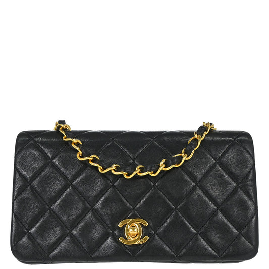 Chanel 1989-1991 Black Lambskin Turnlock Mini Full Flap Shoulder Bag