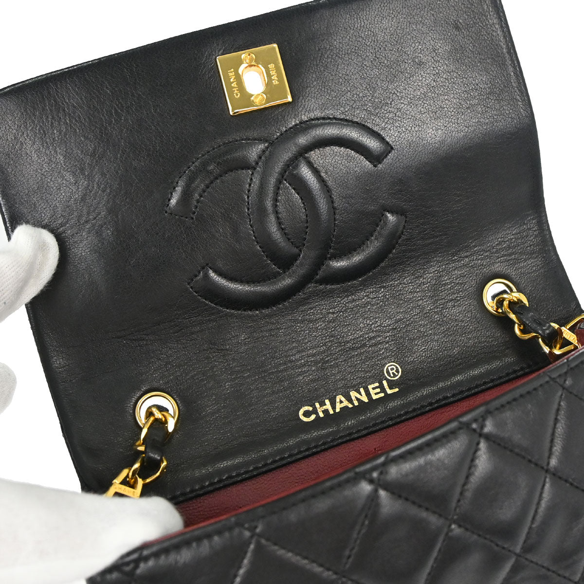 Chanel 1989-1991 Black Lambskin Turnlock Mini Full Flap Shoulder Bag