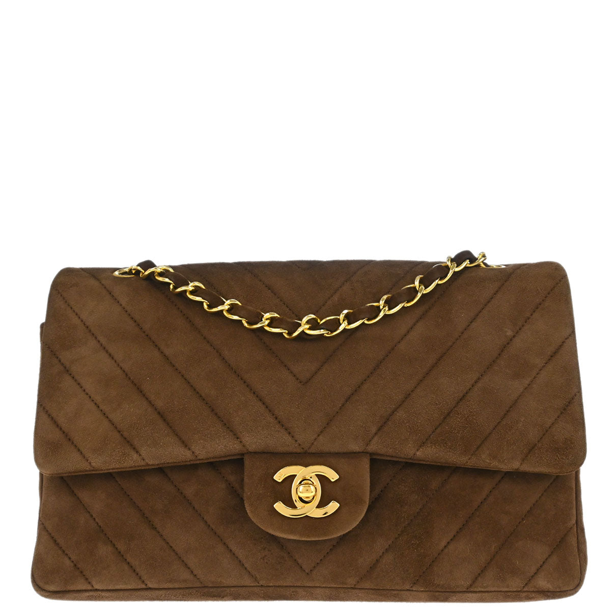 Chanel 1989-1991 Brown Suede Chevron Medium Classic Double Flap Shoulder Bag